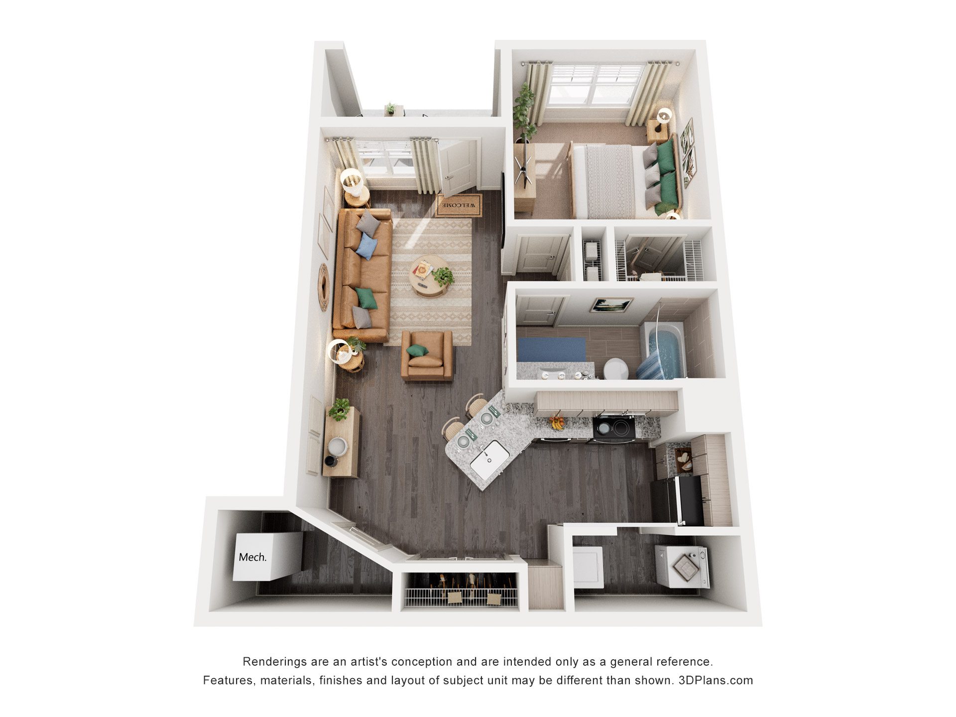 Floor plan for 1 bed, 1 bath, 760 sqft